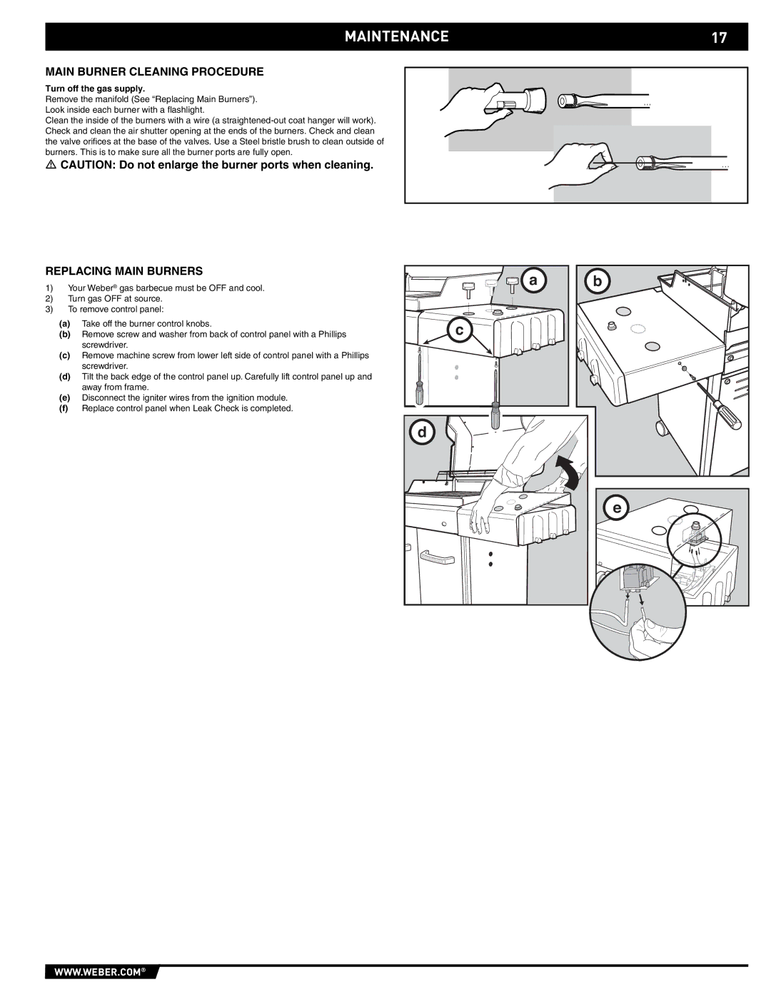 Weber E/EP - 210/310 manual Main Burner Cleaning Procedure, Replacing Main Burners, Turn off the gas supply 