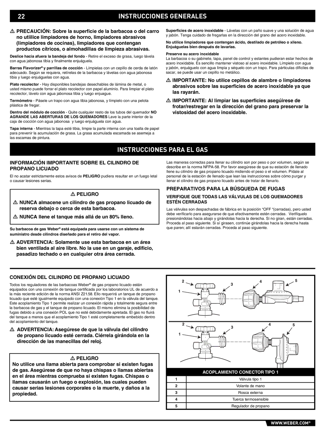 Weber E/EP - 210/310 manual Instrucciones Para EL GAS, Información Importante Sobre EL Cilindro DE Propano Licuado 