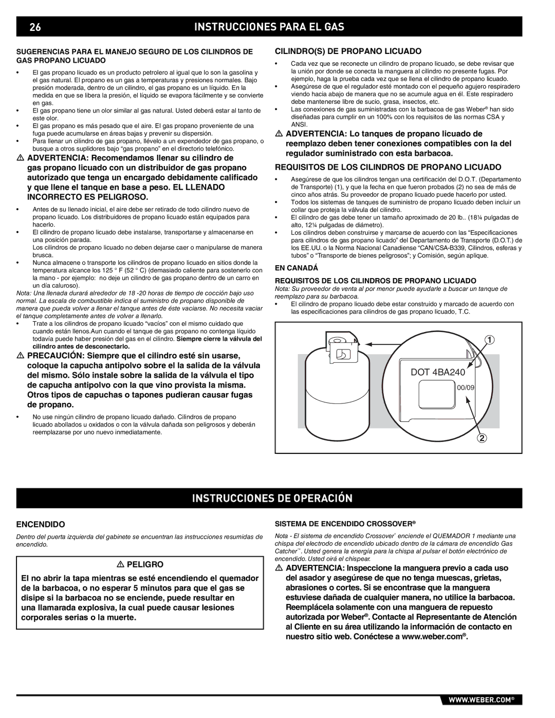 Weber E/EP - 210/310 manual Instrucciones DE Operación, Cilindros DE Propano Licuado, Encendido 