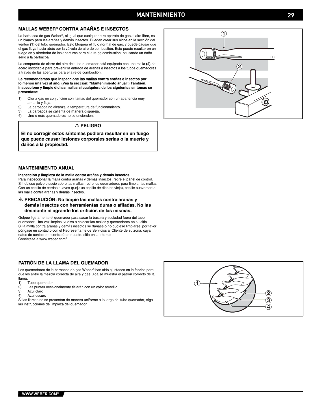 Weber E/EP - 210/310 manual Mallas Weber Contra Arañas E Insectos, Mantenimiento Anual, Patrón DE LA Llama DEL Quemador 