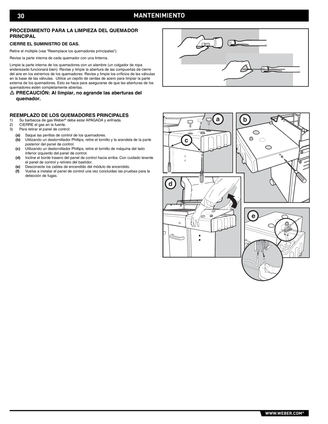 Weber E/EP - 210/310 manual Procedimiento Para LA Limpieza DEL Quemador Principal, Reemplazo DE LOS Quemadores Principales 