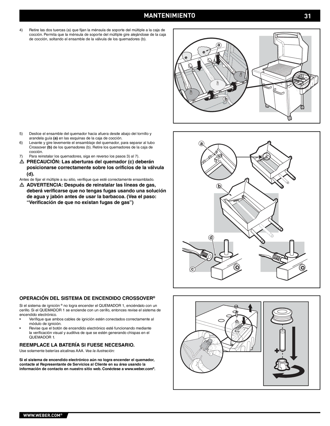 Weber E/EP - 210/310 manual Operación DEL Sistema DE Encendido Crossover, Reemplace LA Batería SI Fuese Necesario 