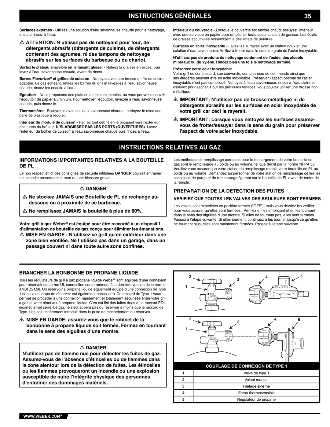 Weber E/EP - 210/310 manual Instructions Relatives AU GAZ, Informations Importantes Relatives a LA Bouteille DE PL 