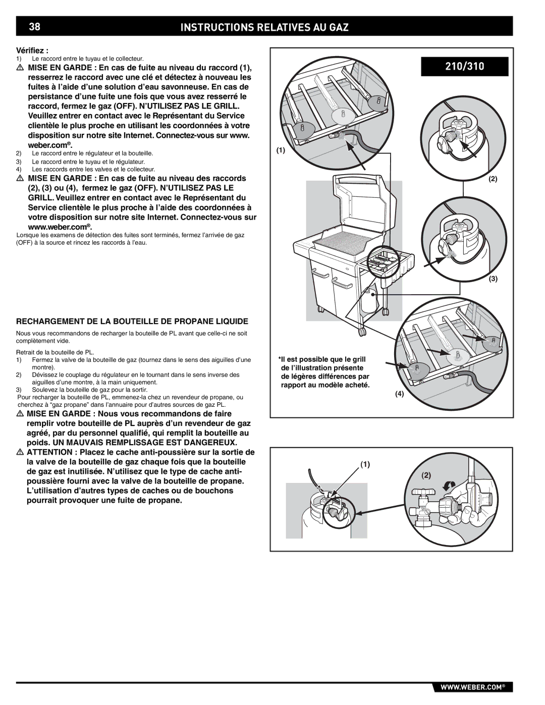 Weber E/EP - 210/310 manual Vérifiez, Rechargement DE LA Bouteille DE Propane Liquide 