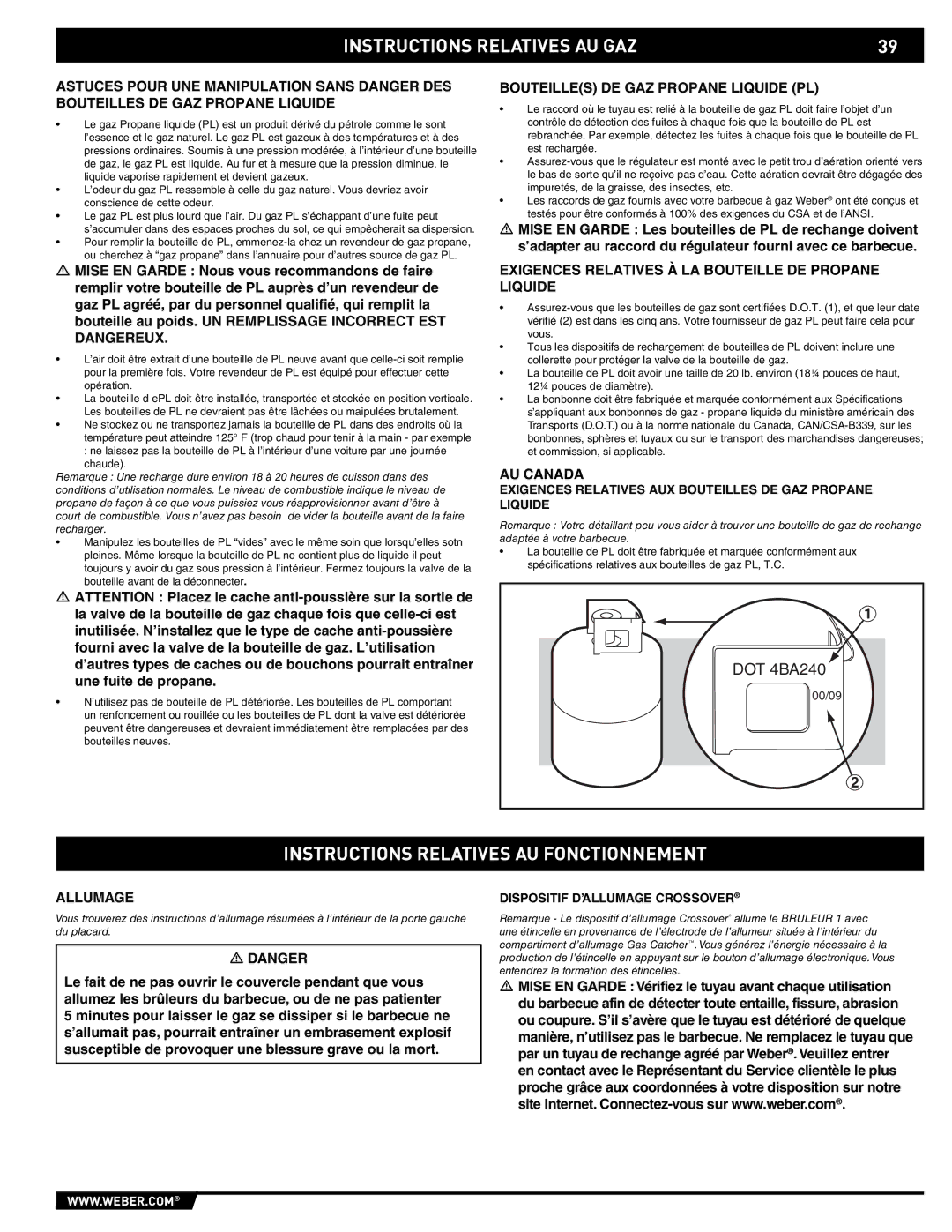 Weber E/EP - 210/310 Instructions Relatives AU Fonctionnement, Bouteilles DE GAZ Propane Liquide PL, AU Canada, Allumage 