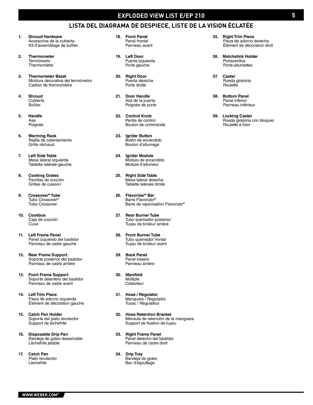 Weber E/EP - 210/310 manual Exploded View List E/EP, Lista DEL Diagrama DE DESPIECE, Liste DE LA Vision Éclatée 