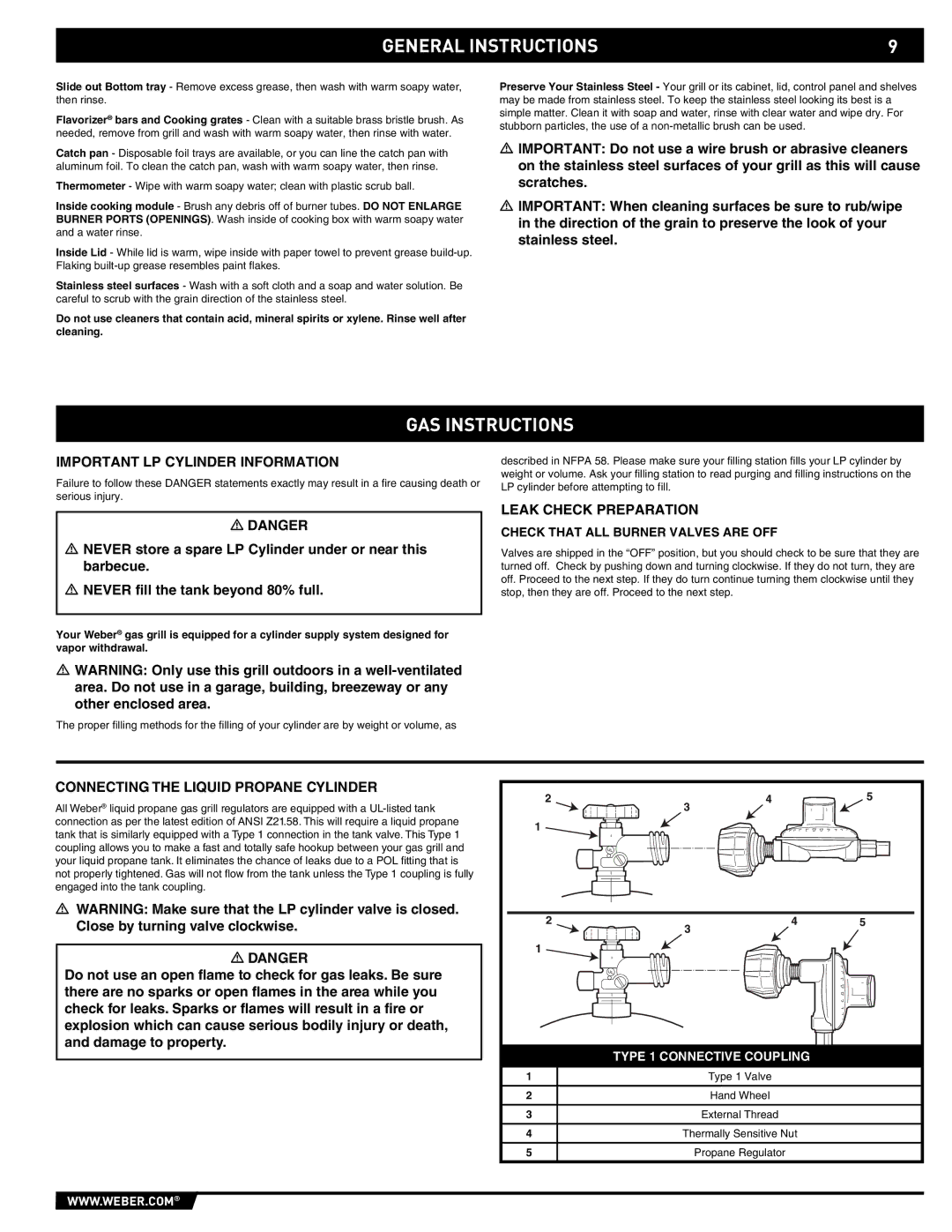 Weber E/EP - 210/310 manual GAS Instructions, Important LP Cylinder Information, Leak Check Preparation 