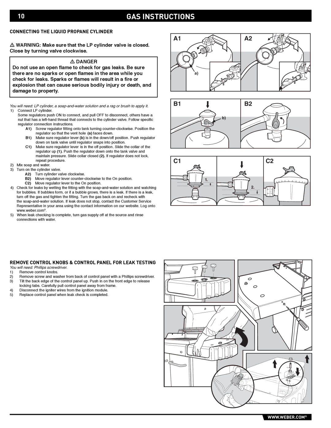 Weber EP-310/320 manual Connecting the Liquid Propane Cylinder, Remove Control Knobs & Control Panel for Leak Testing 