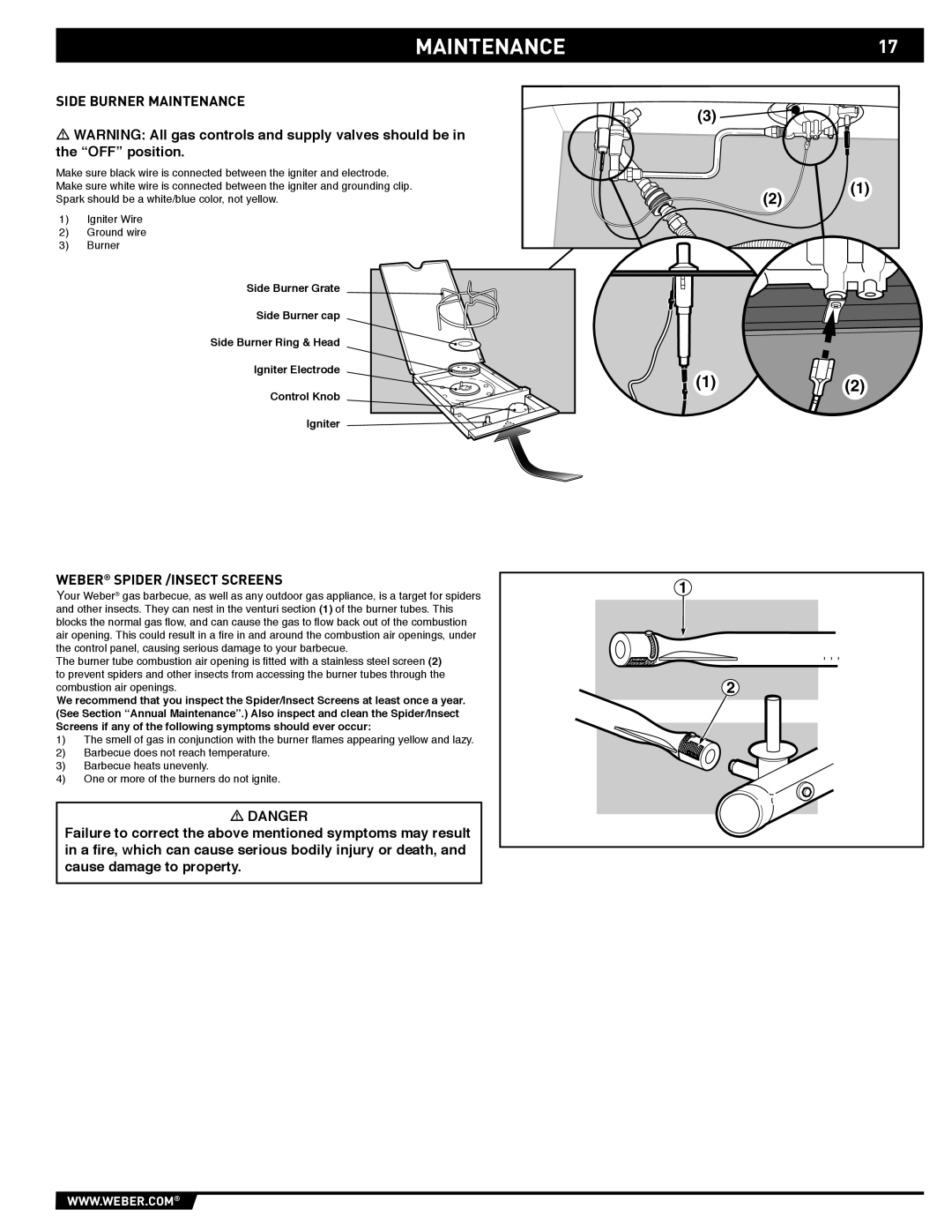 Weber EP-310/320 manual MAINTENANCE17, Side Burner Maintenance, Weber Spider /INSECT Screens 