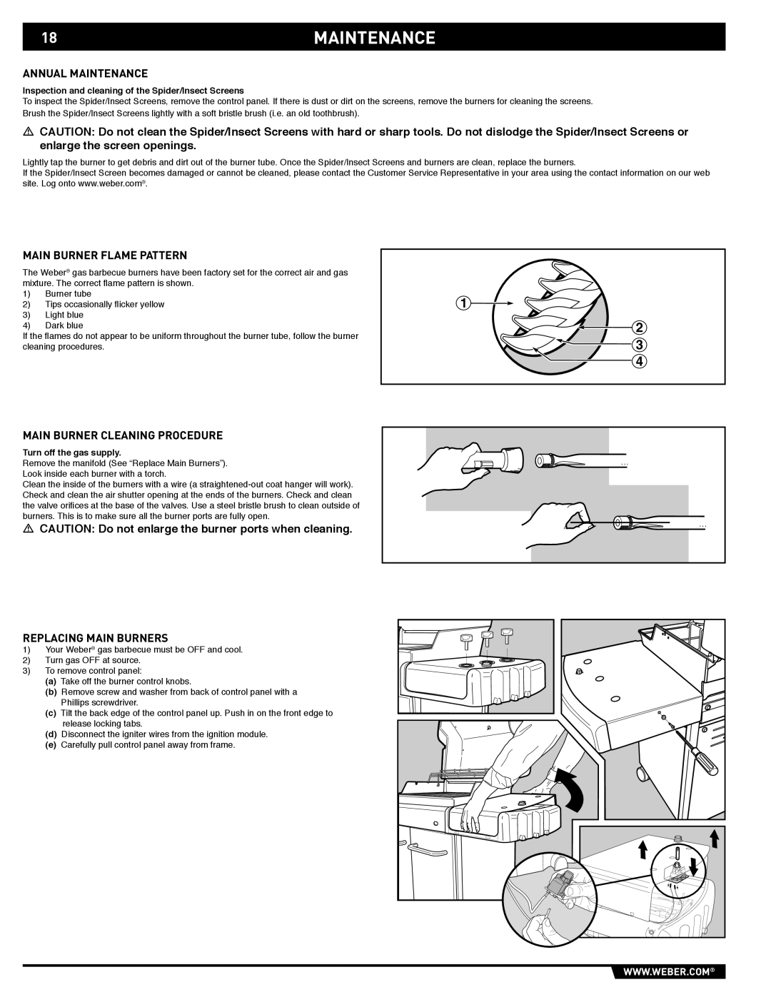 Weber EP-310/320 manual 18MAINTENANCE, Annual Maintenance, Main Burner Flame Pattern, Main Burner Cleaning Procedure 