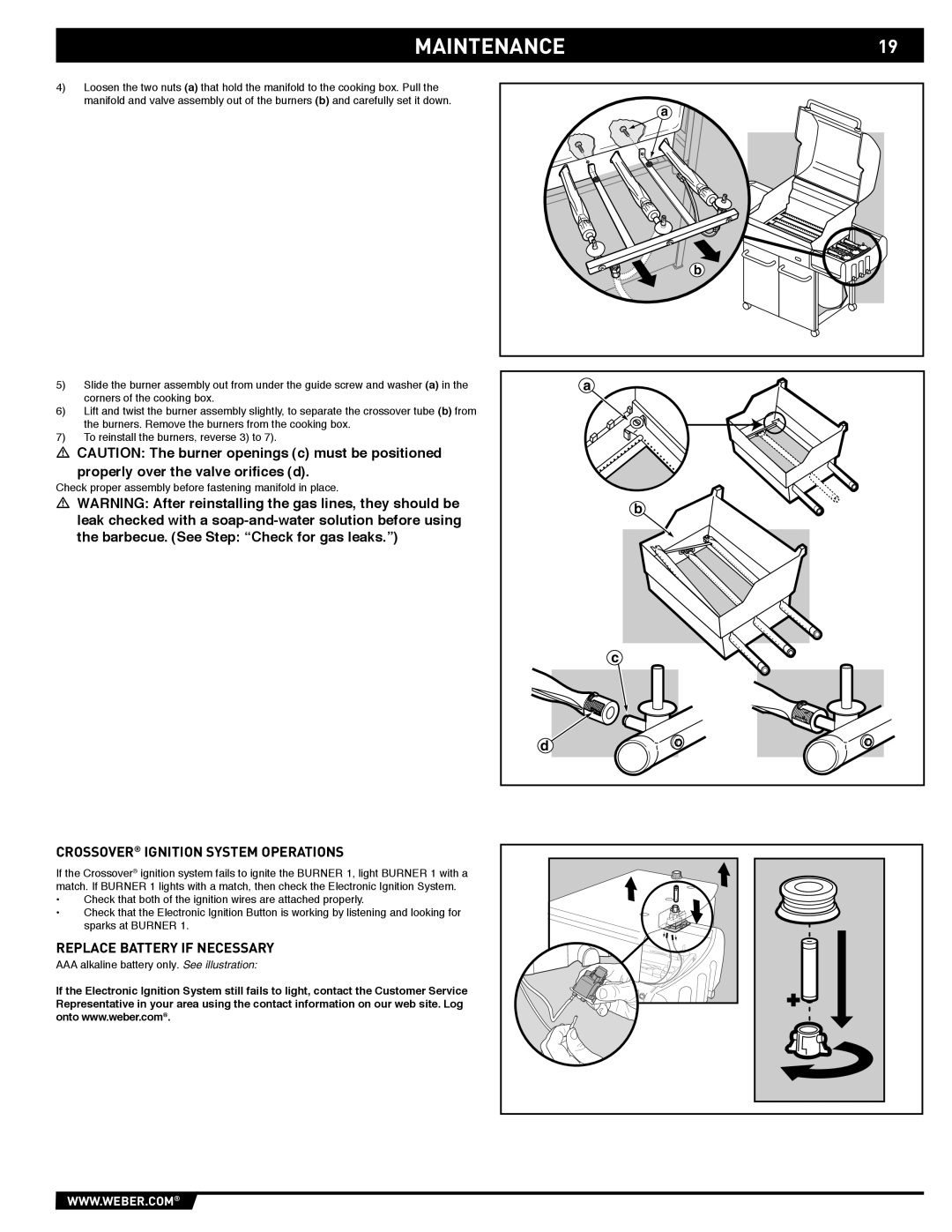 Weber EP-310/320 manual MAINTENANCE19, Crossover Ignition System Operations, Replace Battery if Necessary 