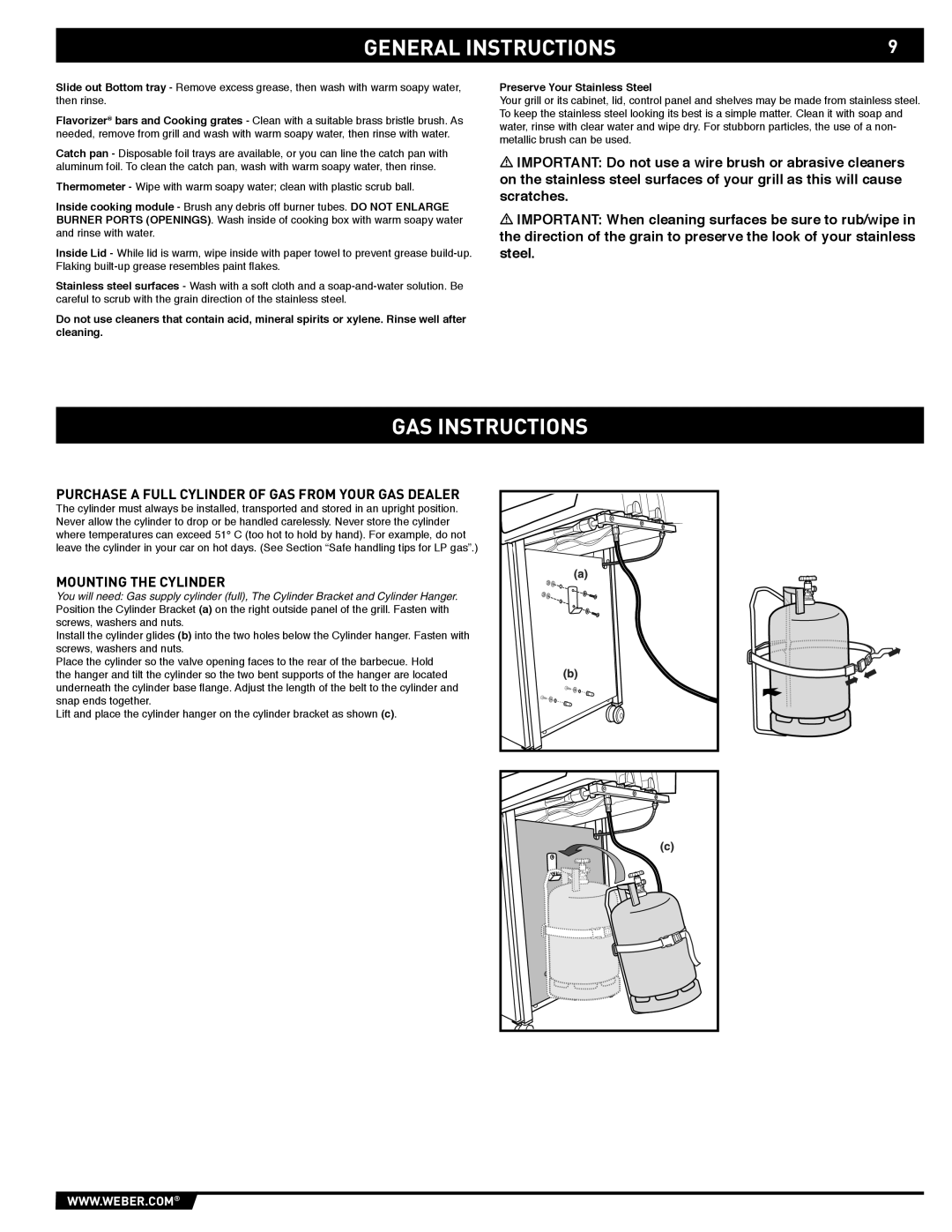 Weber EP-310/320 manual GAS Instructions, Purchase a Full Cylinder of GAS from Your GAS Dealer, Mounting the Cylinder 