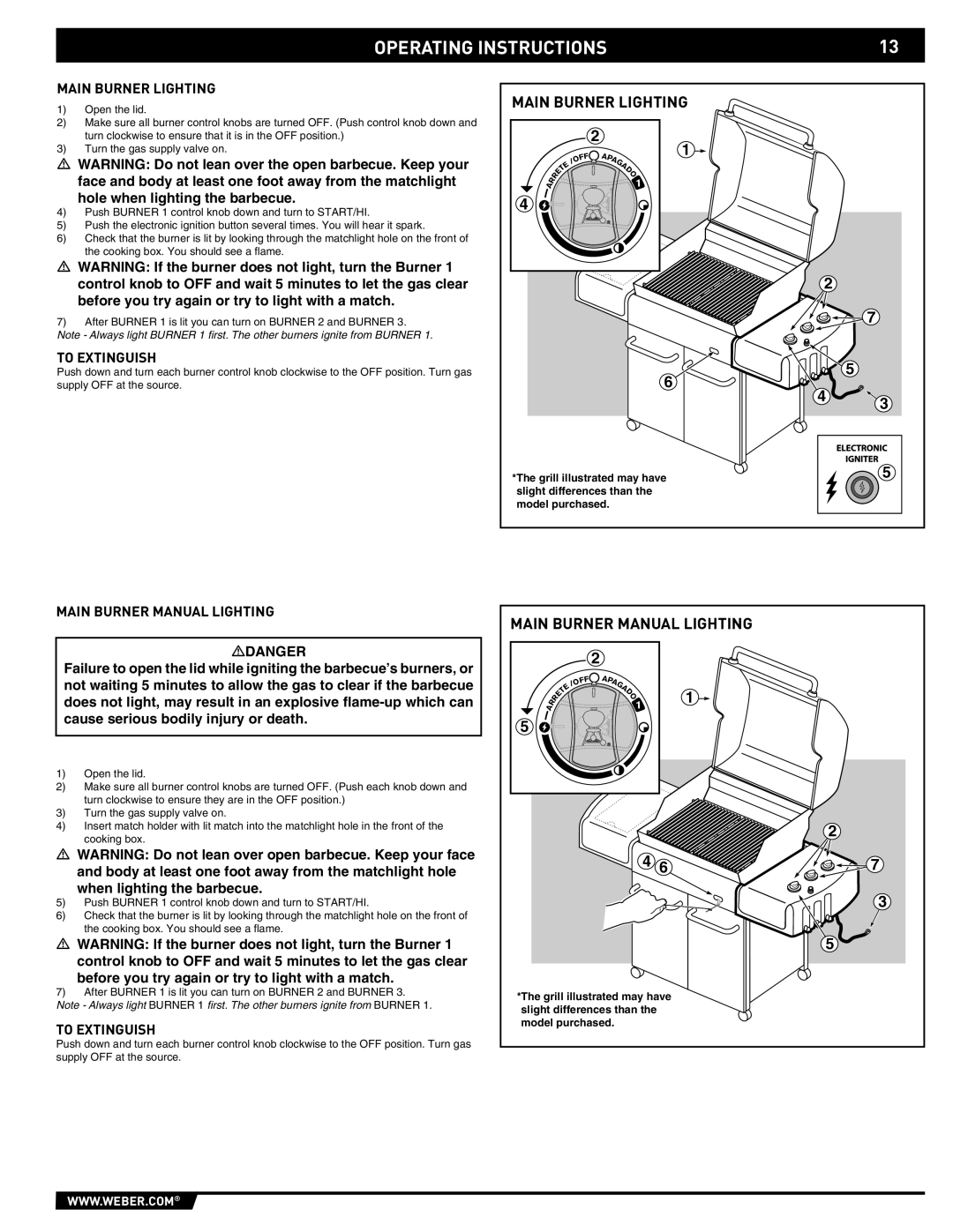 Weber EP -310/320, E/S-310, E/S-320 manual Main Burner Lighting, To Extinguish, Main Burner Manual Lighting 
