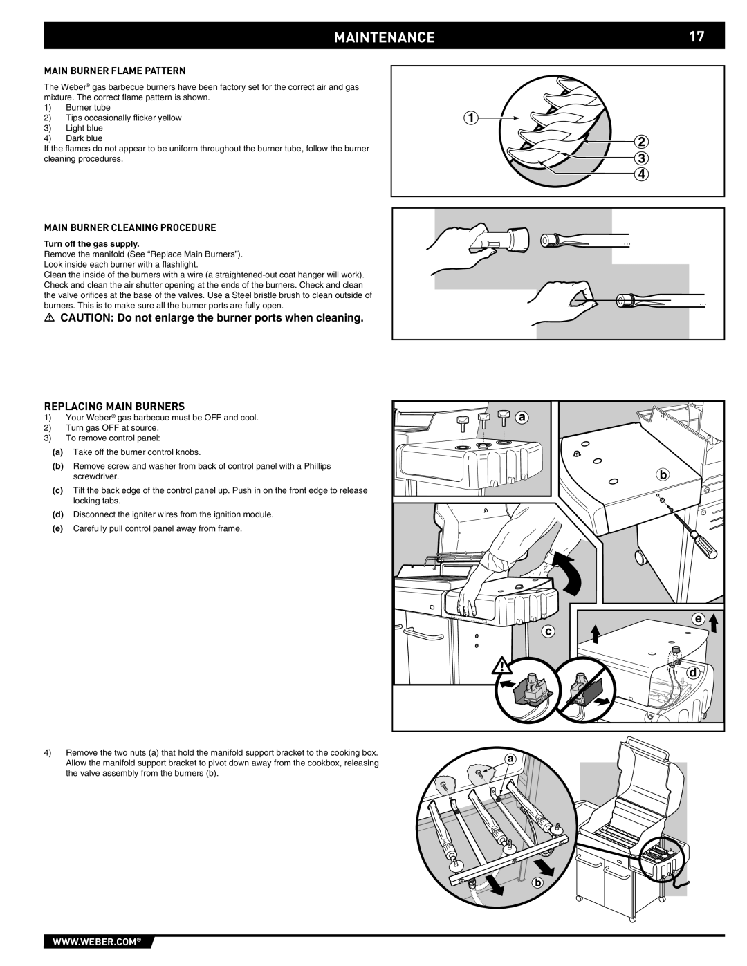 Weber EP -310/320, E/S-310, E/S-320 manual MAINTENANCE17, Replacing Main Burners, Turn off the gas supply 