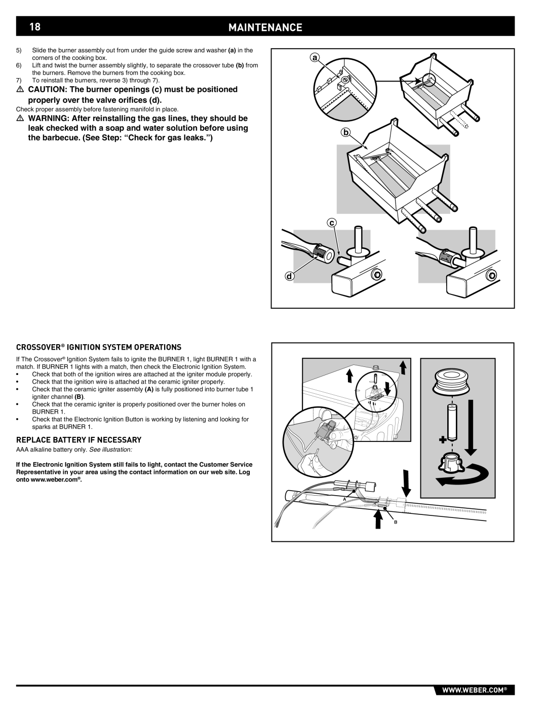 Weber E/S-310, E/S-320, EP -310/320 manual 18MAINTENANCE, Crossover Ignition System Operations, Replace Battery if Necessary 