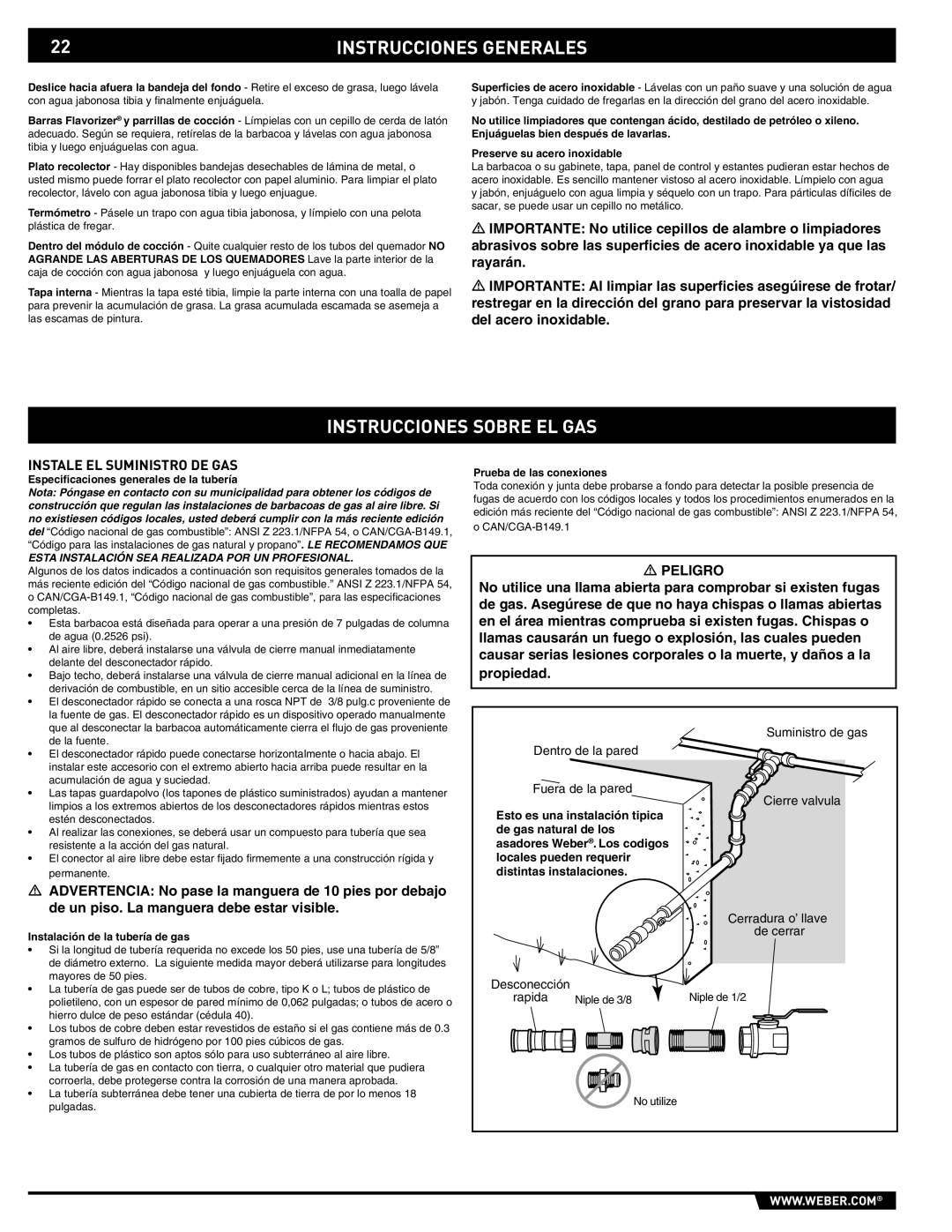 Weber E/S-310, E/S-320 Instrucciones Sobre EL GAS, Instale EL Suministro DE GAS, Especiﬁcaciones generales de la tubería 