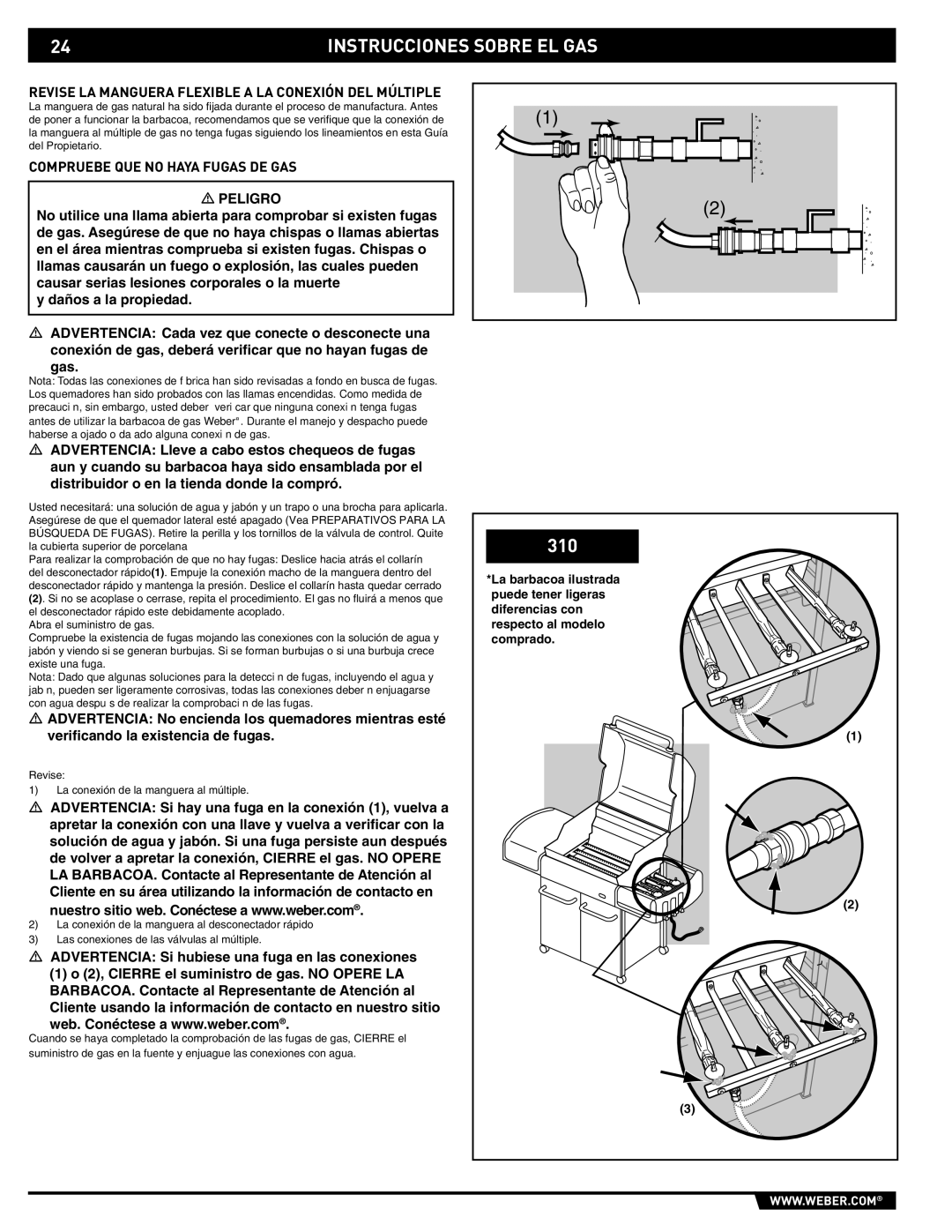 Weber E/S-310, E/S-320 manual Revise LA Manguera Flexible a LA Conexión DEL Múltiple, Compruebe QUE no Haya Fugas DE GAS 