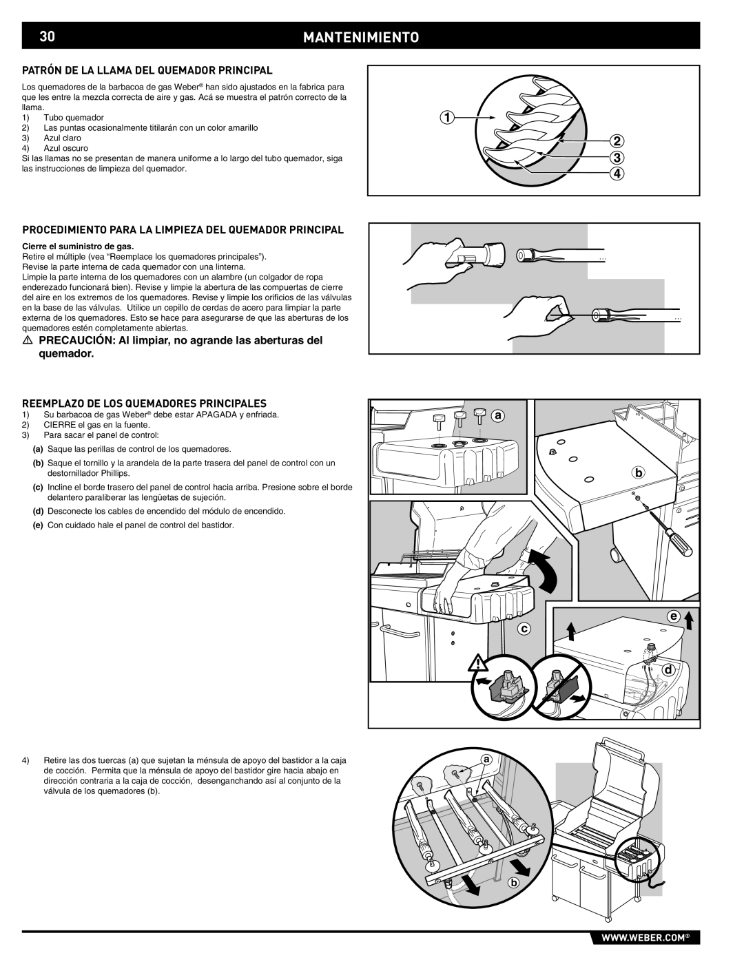 Weber E/S-310, E/S-320 30MANTENIMIENTO, Patrón DE LA Llama DEL Quemador Principal, Reemplazo DE LOS Quemadores Principales 