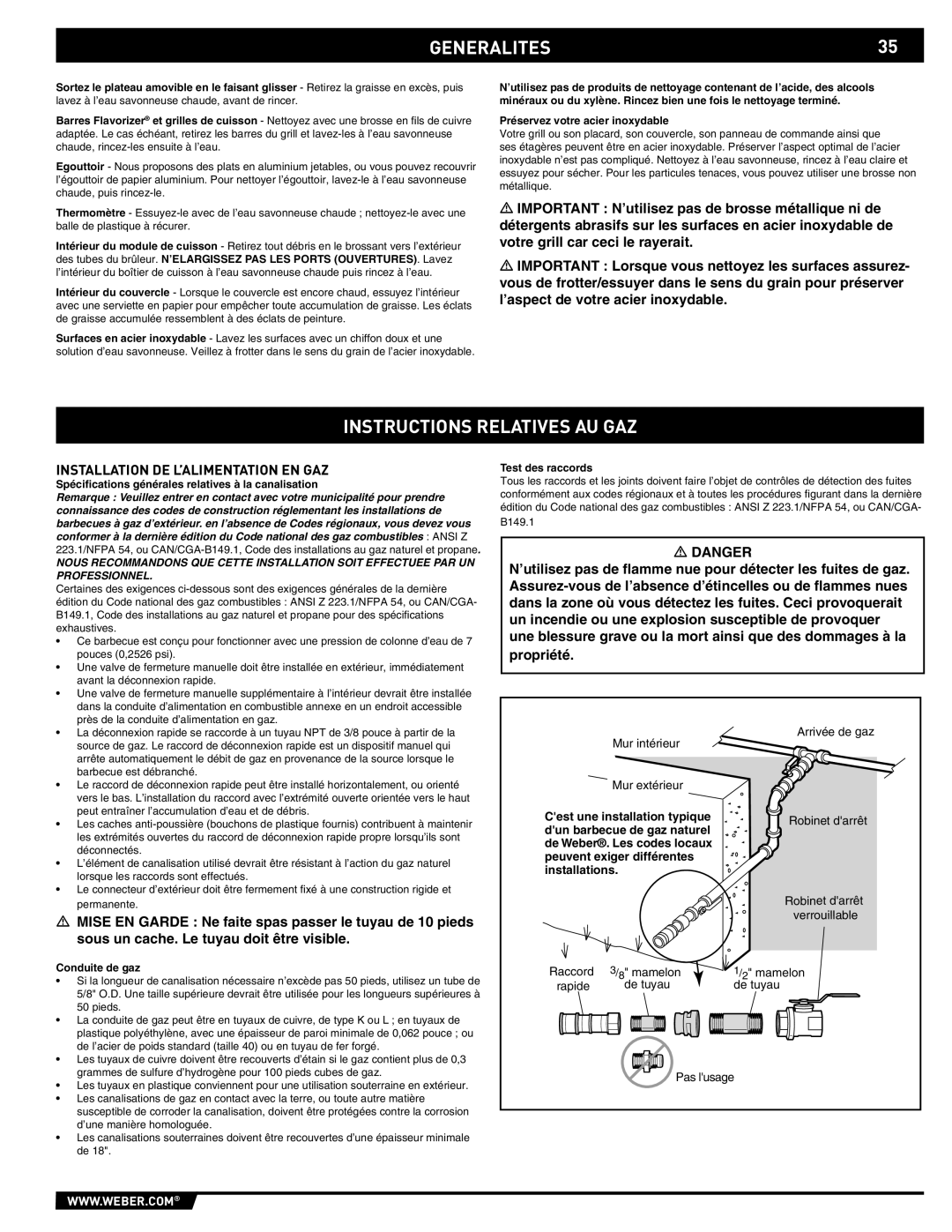 Weber EP -310/320, E/S-310, E/S-320 GENERALITES35, Instructions Relatives AU GAZ, Installation DE L’ALIMENTATION EN GAZ 