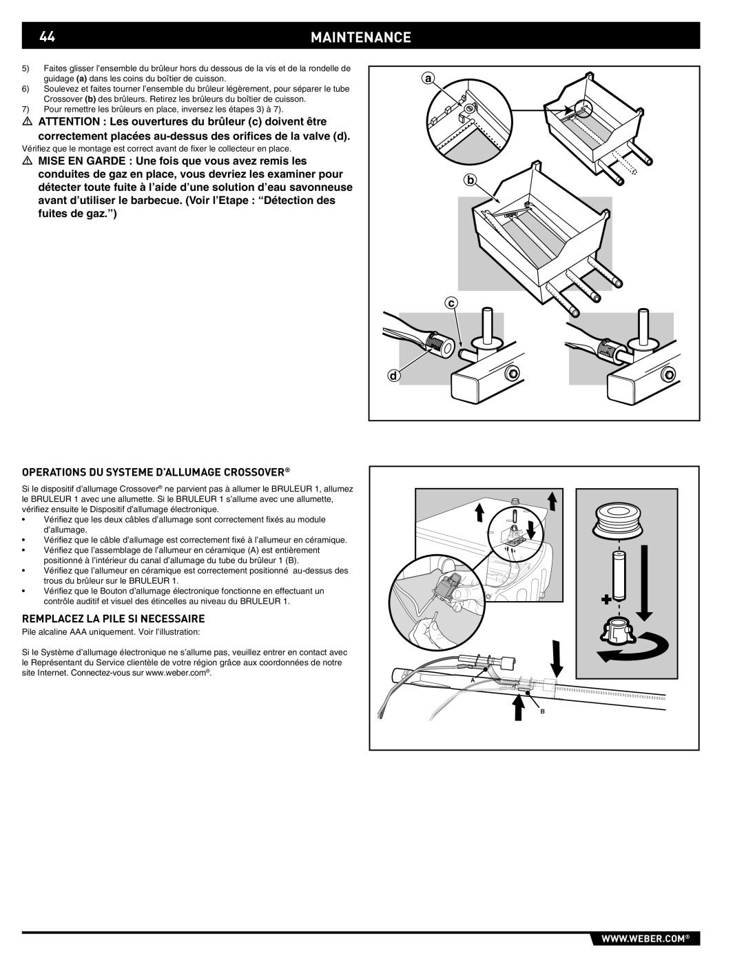 Weber E/S-310, E/S-320 manual 44MAINTENANCE, Operations DU Systeme D’ALLUMAGE Crossover, Remplacez LA Pile SI Necessaire 