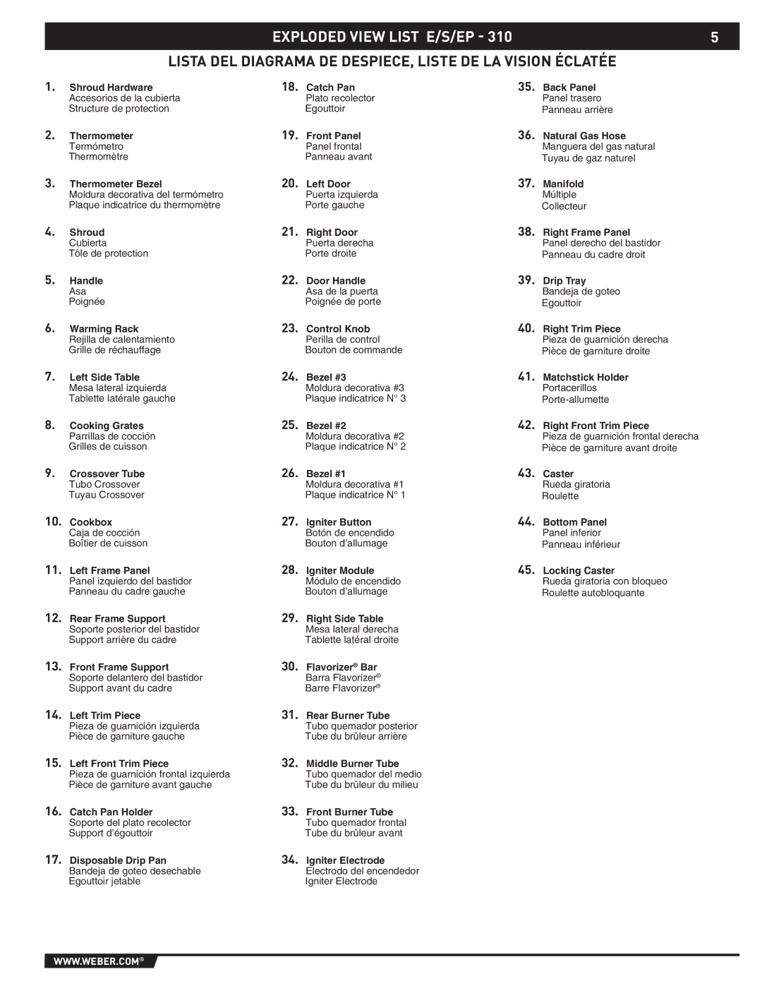 Weber EP -310/320, E/S-310, E/S-320 Exploded View List E/S/EP, Lista DEL Diagrama DE DESPIECE, Liste DE LA Vision Éclatée 