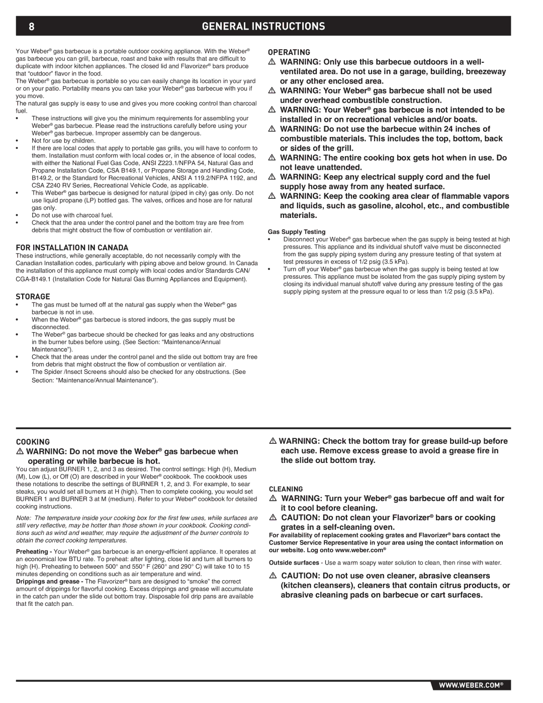 Weber E/S-310, E/S-320, EP -310/320 manual General Instructions, For Installation in Canada, Storage, Operating, Cooking 