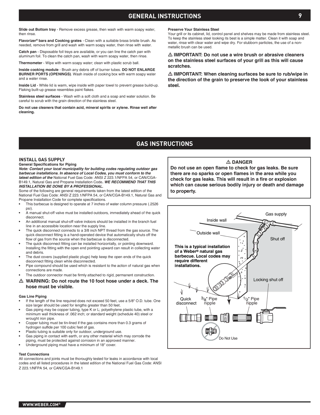 Weber EP -310/320 manual GAS Instructions, Install GAS Supply, General Speciﬁcations for Piping, Gas Line Piping 