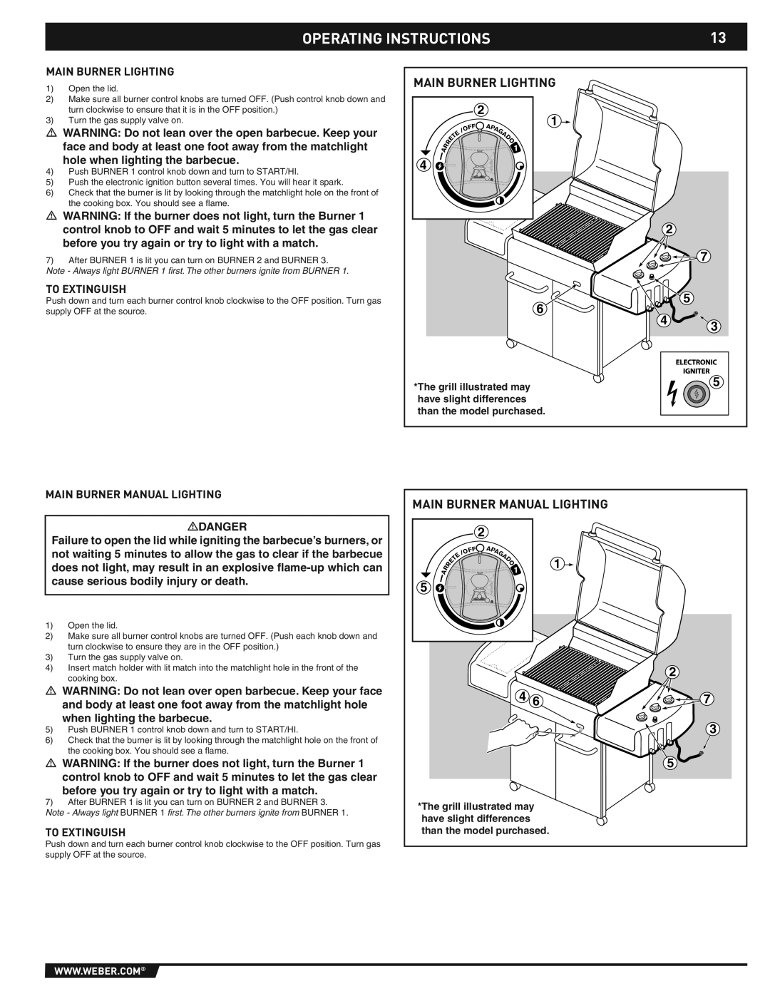 Weber E/S-310/320 manual Main Burner Lighting, To Extinguish, Main Burner Manual Lighting 