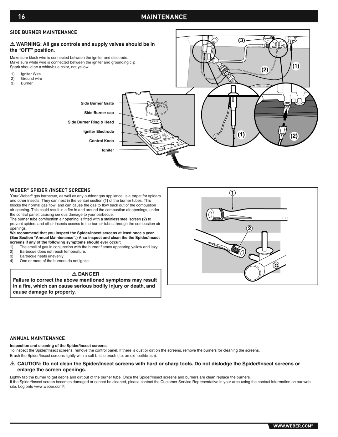 Weber E/S-310/320 manual 16MAINTENANCE, Side Burner Maintenance, Weber Spider /INSECT Screens 