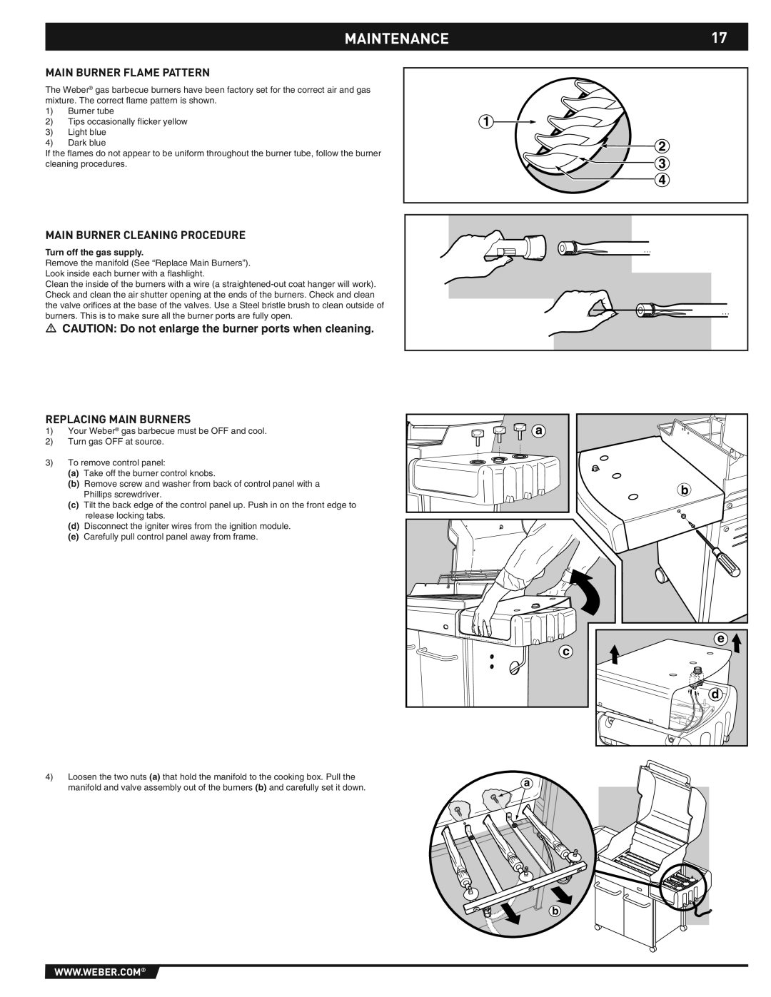 Weber E/S-310/320 manual MAINTENANCE17, Main Burner Flame Pattern, Main Burner Cleaning Procedure, Replacing Main Burners 