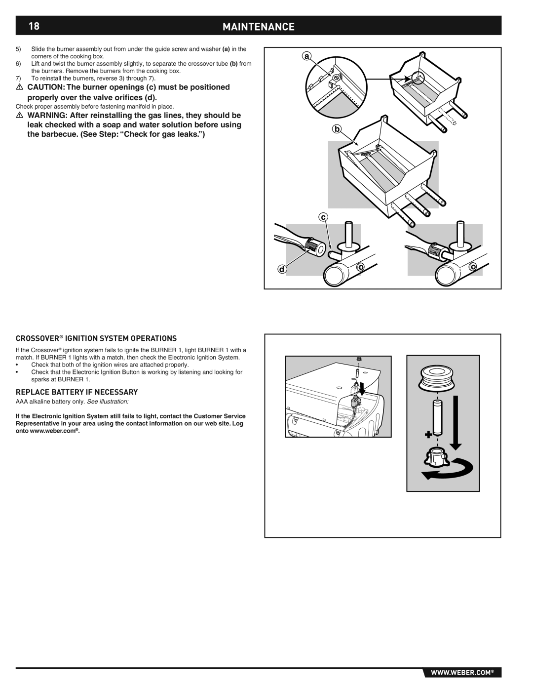 Weber E/S-310/320 manual 18MAINTENANCE, Crossover Ignition System Operations, Replace Battery if Necessary 