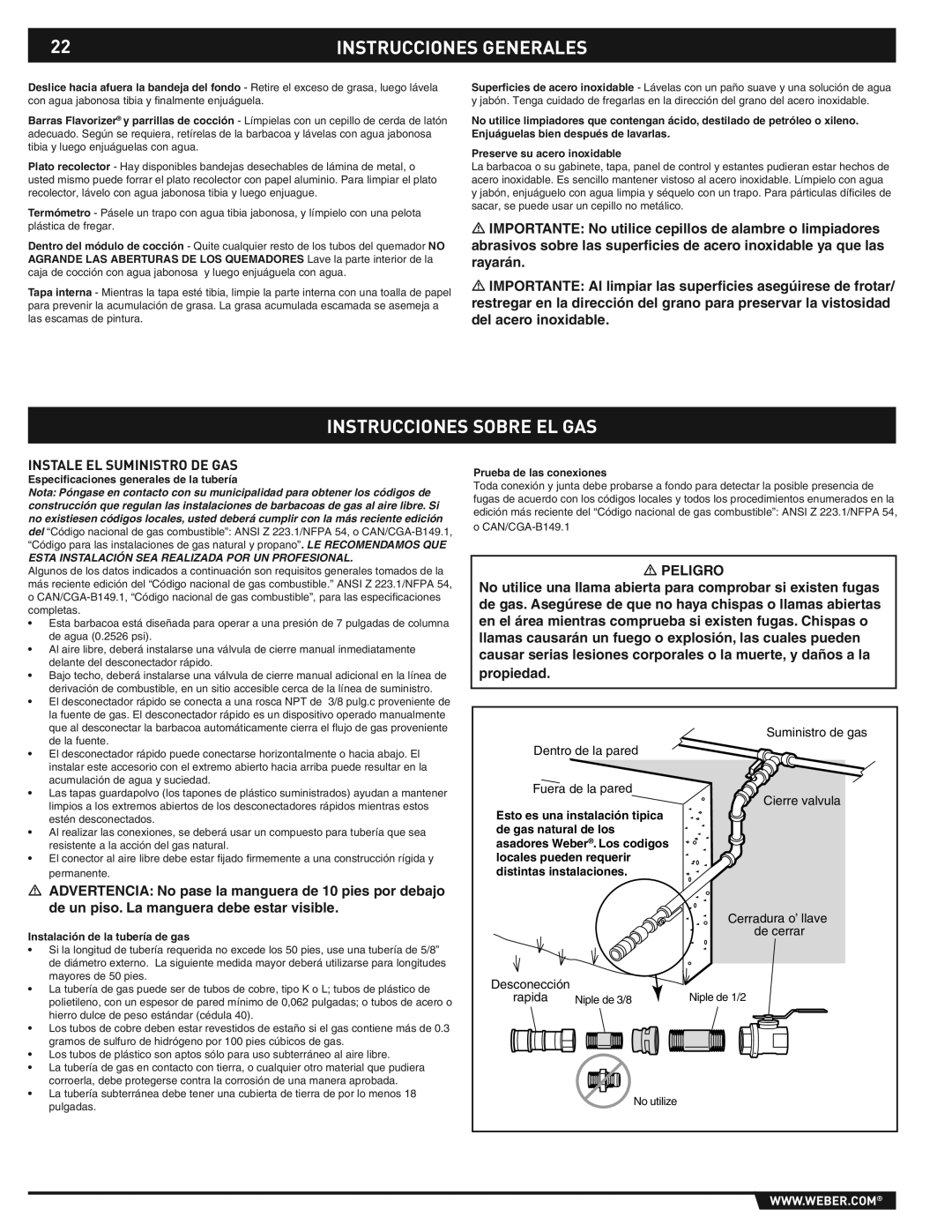 Weber E/S-310/320 manual Instrucciones Sobre EL GAS, Instale EL Suministro DE GAS, Especiﬁcaciones generales de la tubería 