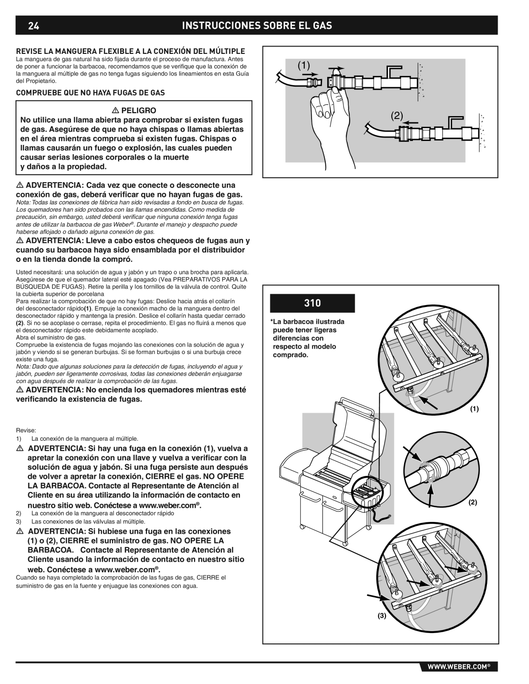 Weber E/S-310/320 manual Revise LA Manguera Flexible a LA Conexión DEL Múltiple, Compruebe QUE no Haya Fugas DE GAS 