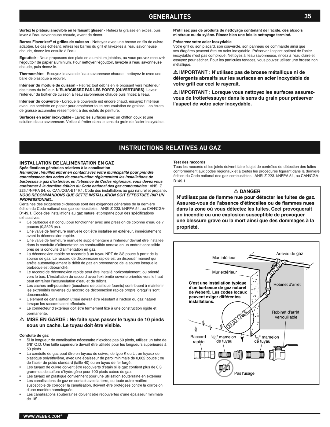 Weber E/S-310/320 manual GENERALITES35, Instructions Relatives AU GAZ, Installation DE L’ALIMENTATION EN GAZ 