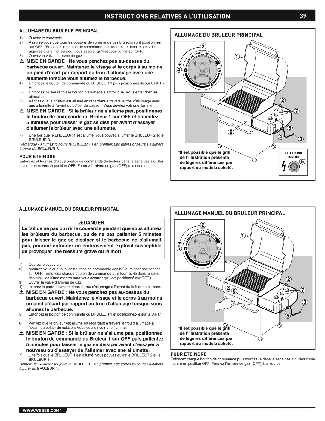 Weber E/S-310/320 manual Allumage DU Bruleur Principal, Pour Eteindre, Allumage Manuel DU Bruleur Principal 