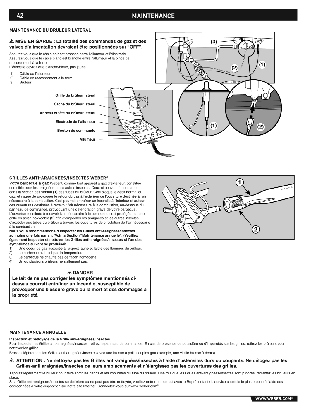 Weber E/S-310/320 manual 42MAINTENANCE, Maintenance DU Bruleur Lateral, Grilles ANTI-ARAIGNEES/INSECTES Weber 