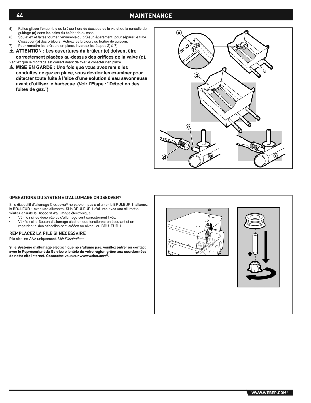 Weber E/S-310/320 manual 44MAINTENANCE, Operations DU Systeme D’ALLUMAGE Crossover, Remplacez LA Pile SI Necessaire 