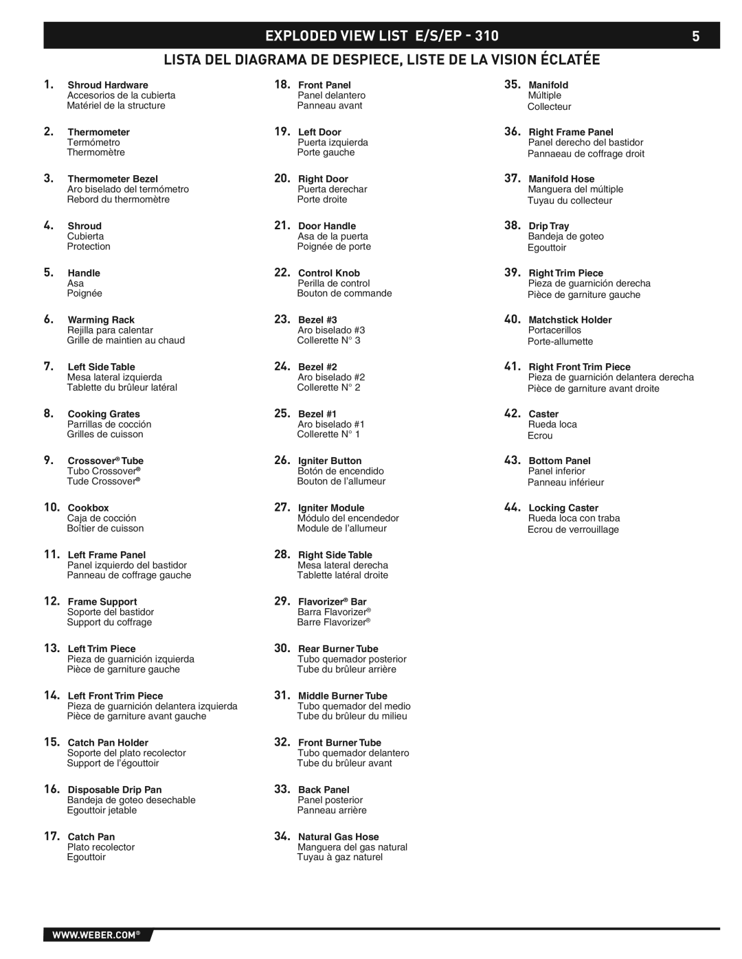 Weber E/S-310/320 manual Exploded View List E/S/EP, Lista DEL Diagrama DE DESPIECE, Liste DE LA Vision Éclatée 