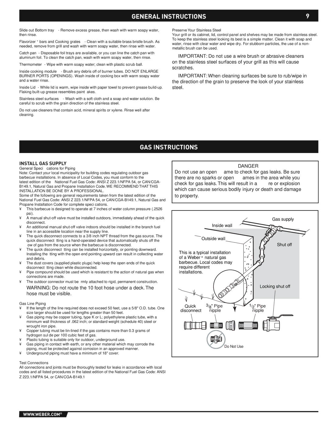 Weber E/S-310/320 manual GAS Instructions, Install GAS Supply, General Speciﬁcations for Piping, Gas Line Piping 