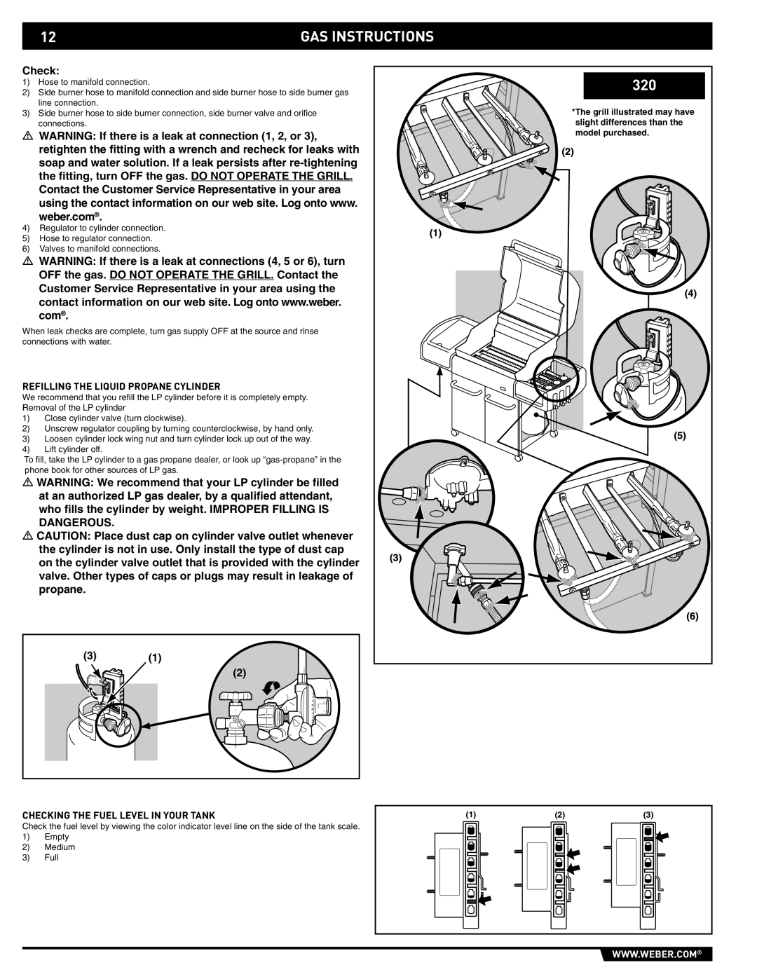 Weber E/S-320 manual Refilling the Liquid Propane Cylinder, Checking the Fuel Level in Your Tank 