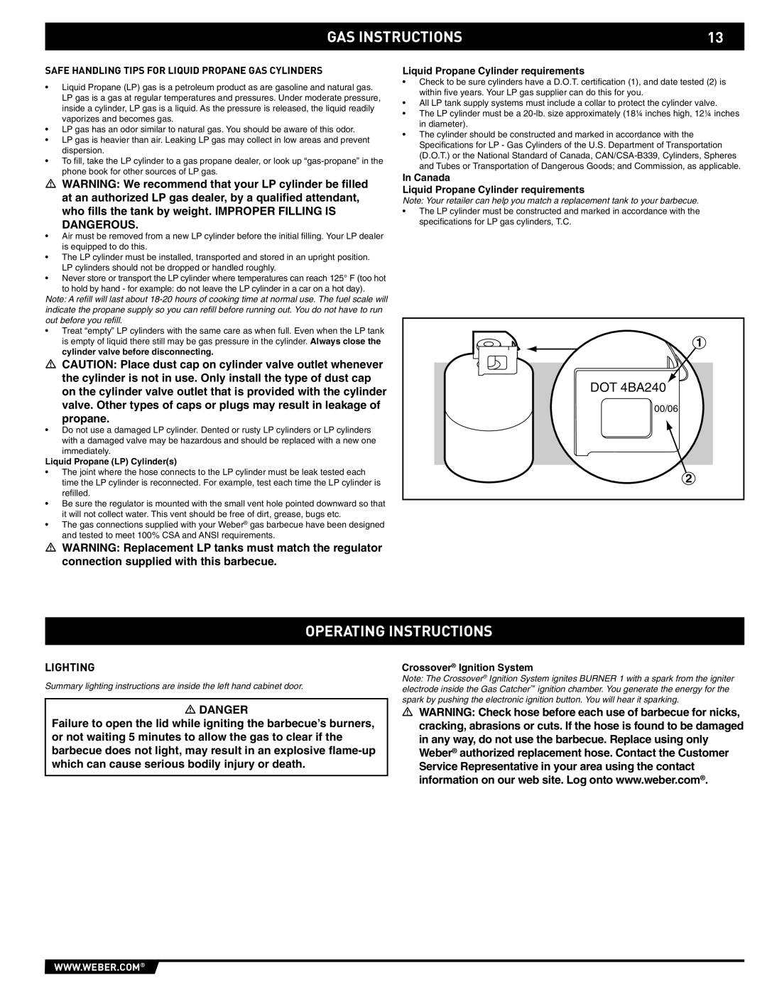 Weber E/S-320 manual Operating Instructions, Lighting, Safe Handling Tips for Liquid Propane GAS Cylinders 