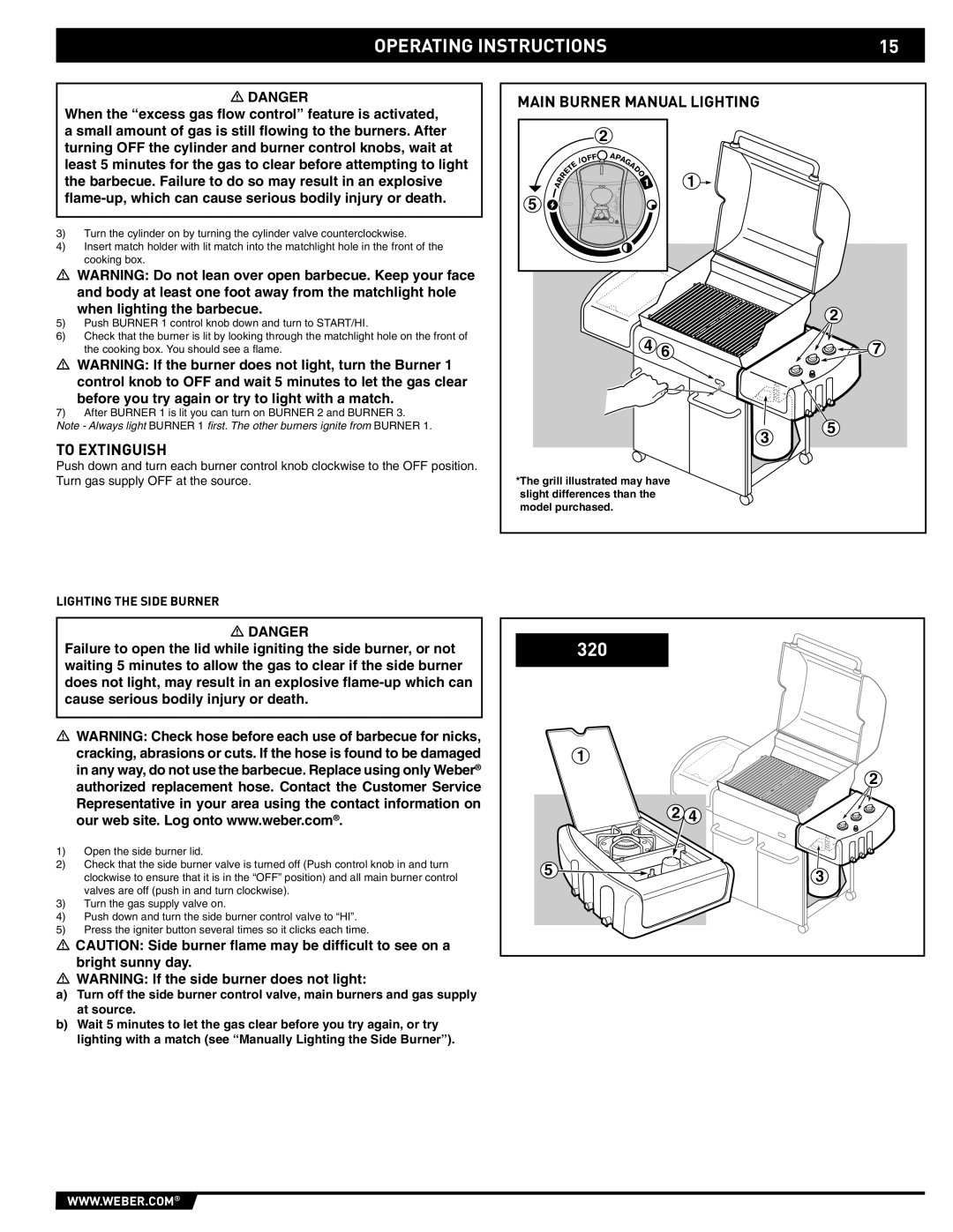 Weber E/S-320 manual To Extinguish, Lighting the Side Burner 