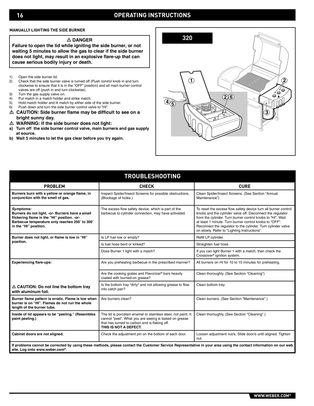 Weber E/S-320 manual Troubleshooting, Problem Check Cure, Manually Lighting the Side Burner 