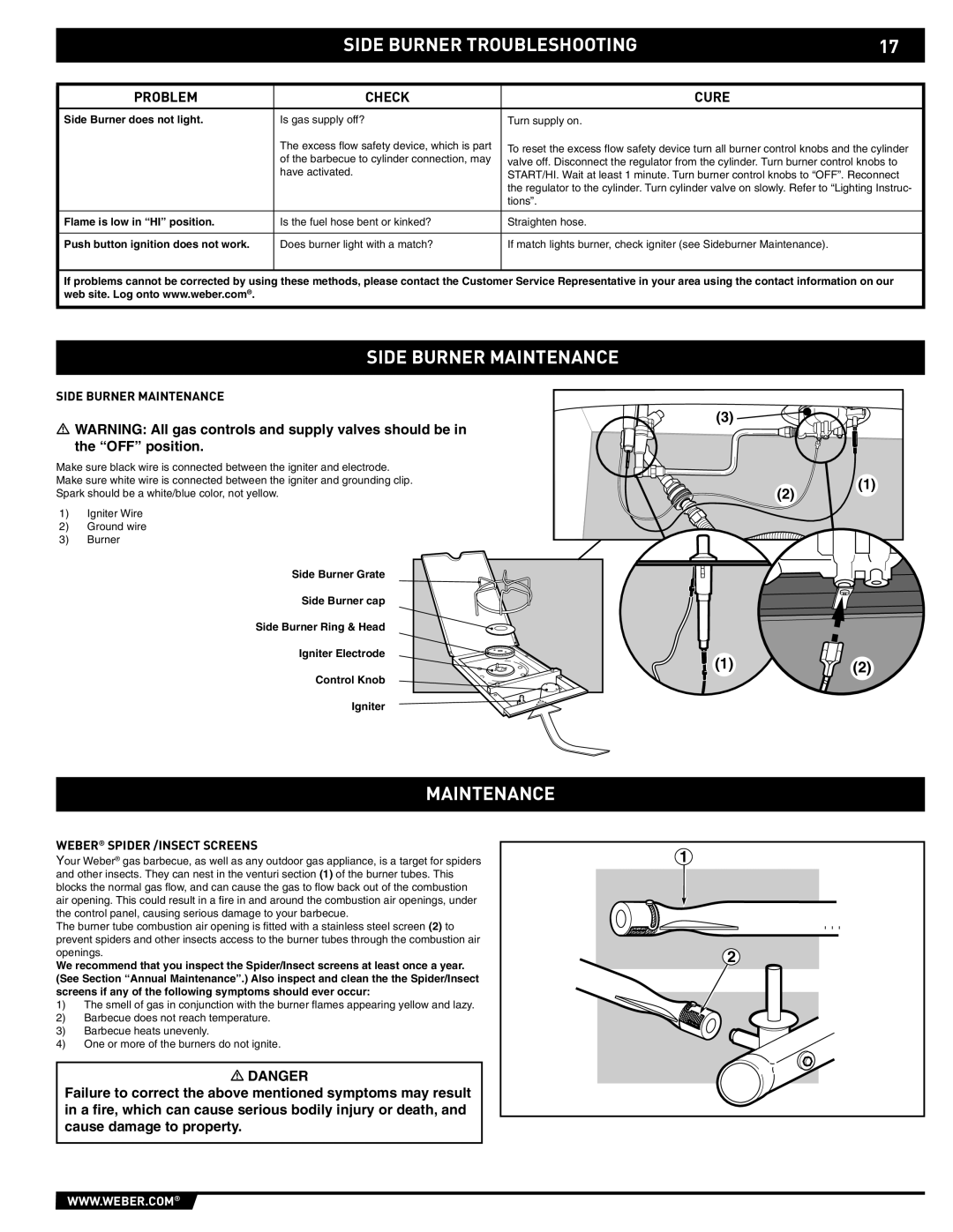 Weber E/S-320 manual Side Burner Troubleshooting, Side Burner Maintenance, Weber Spider /INSECT Screens 