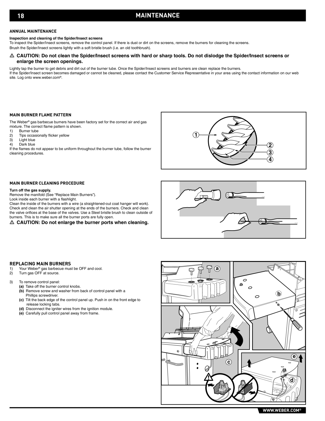 Weber E/S-320 manual 18MAINTENANCE, Replacing Main Burners, Main Burner Flame Pattern, Main Burner Cleaning Procedure 