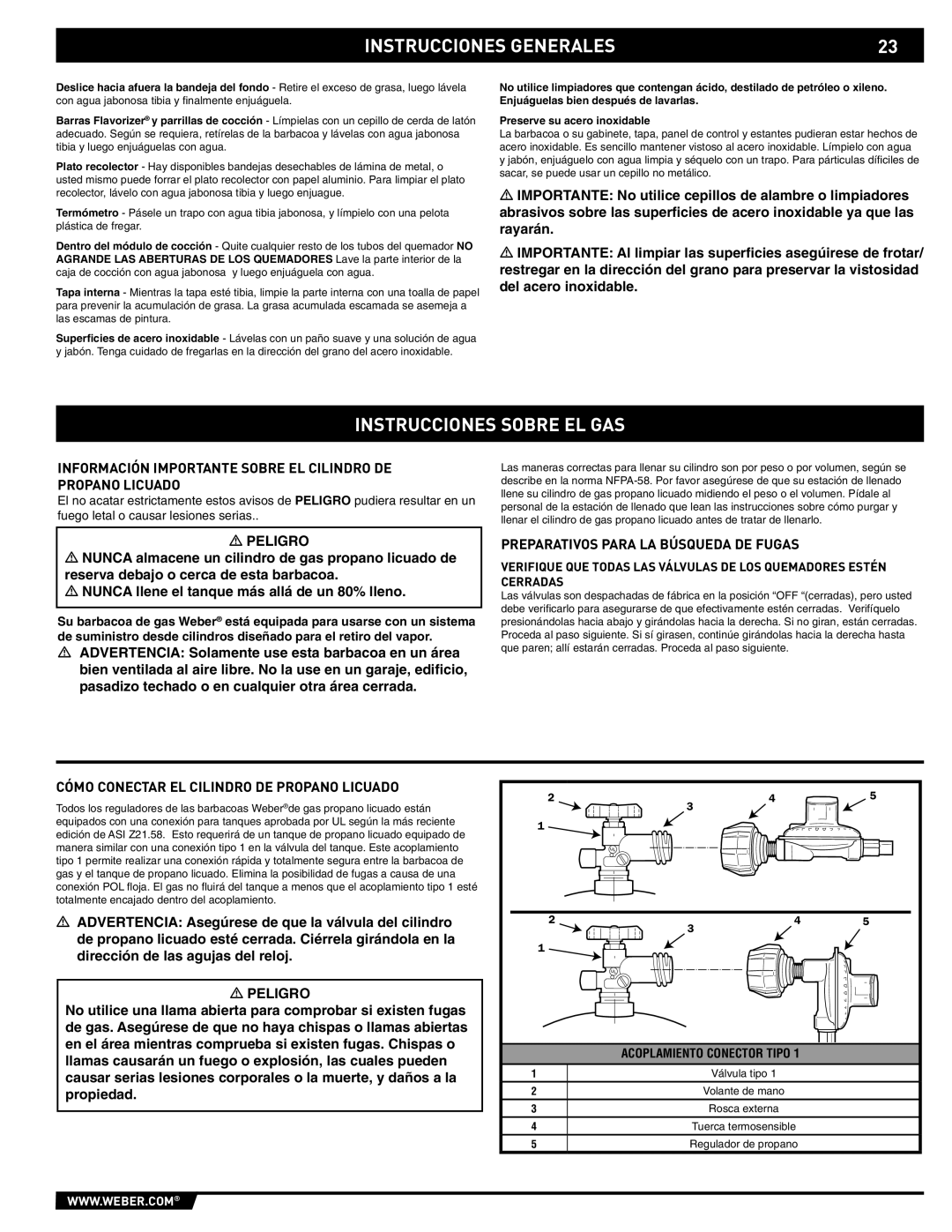 Weber E/S-320 manual Instrucciones Sobre EL GAS, Información Importante Sobre EL Cilindro DE Propano Licuado 