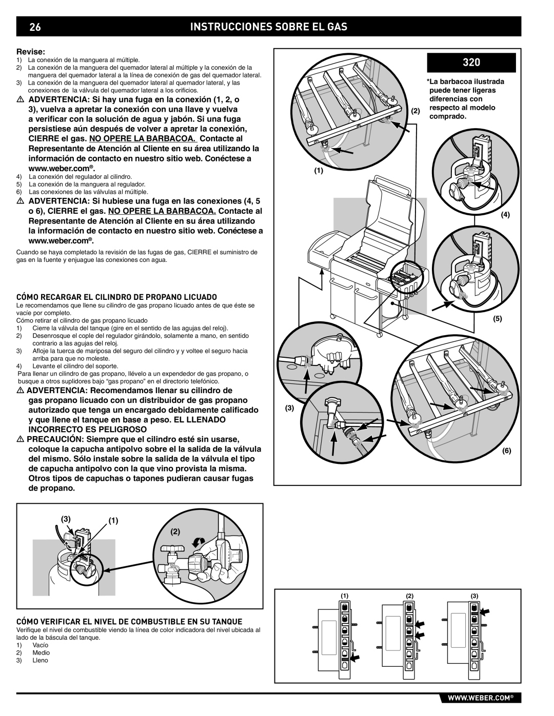 Weber E/S-320 manual Cómo Recargar EL Cilindro DE Propano Licuado, Cómo Verificar EL Nivel DE Combustible EN SU Tanque 