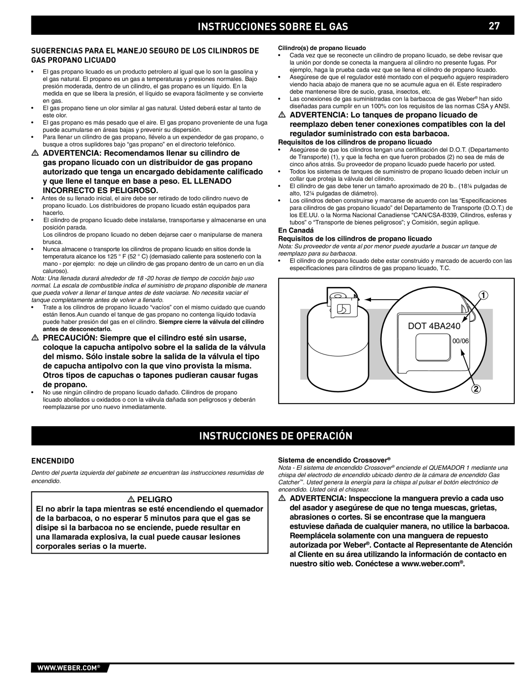 Weber E/S-320 manual Instrucciones DE Operación, Encendido, Cilindros de propano licuado 