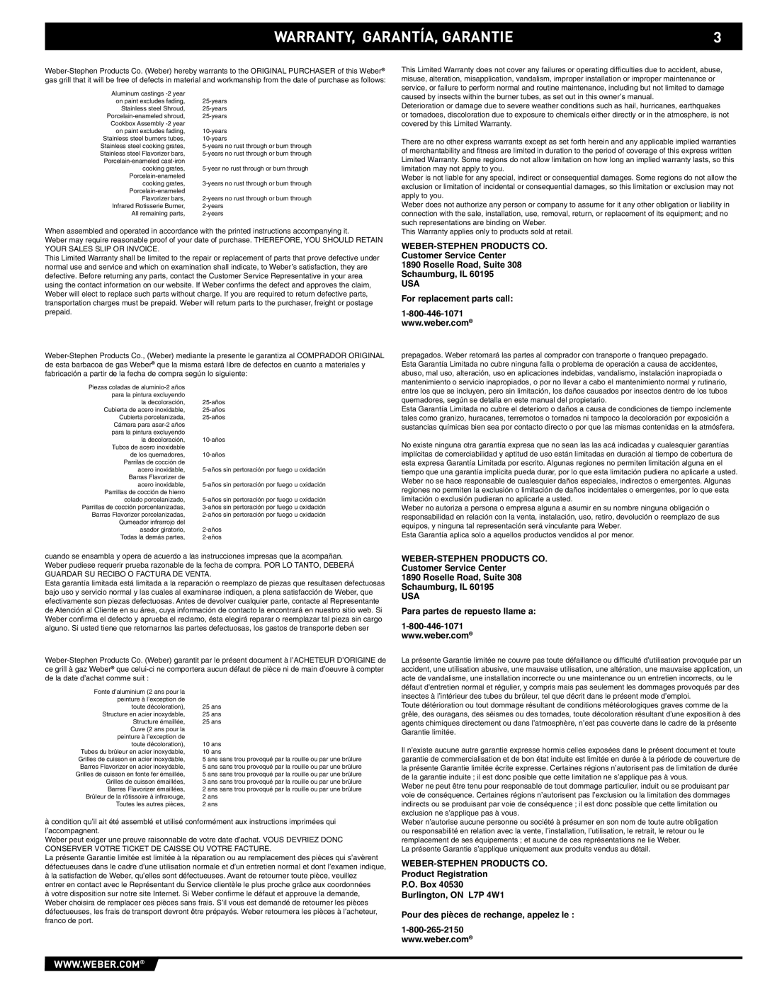 Weber E/S-320 manual WARRANTY, GARANTÍA, Garantie, Customer Service Center Roselle Road, Suite Schaumburg, IL 