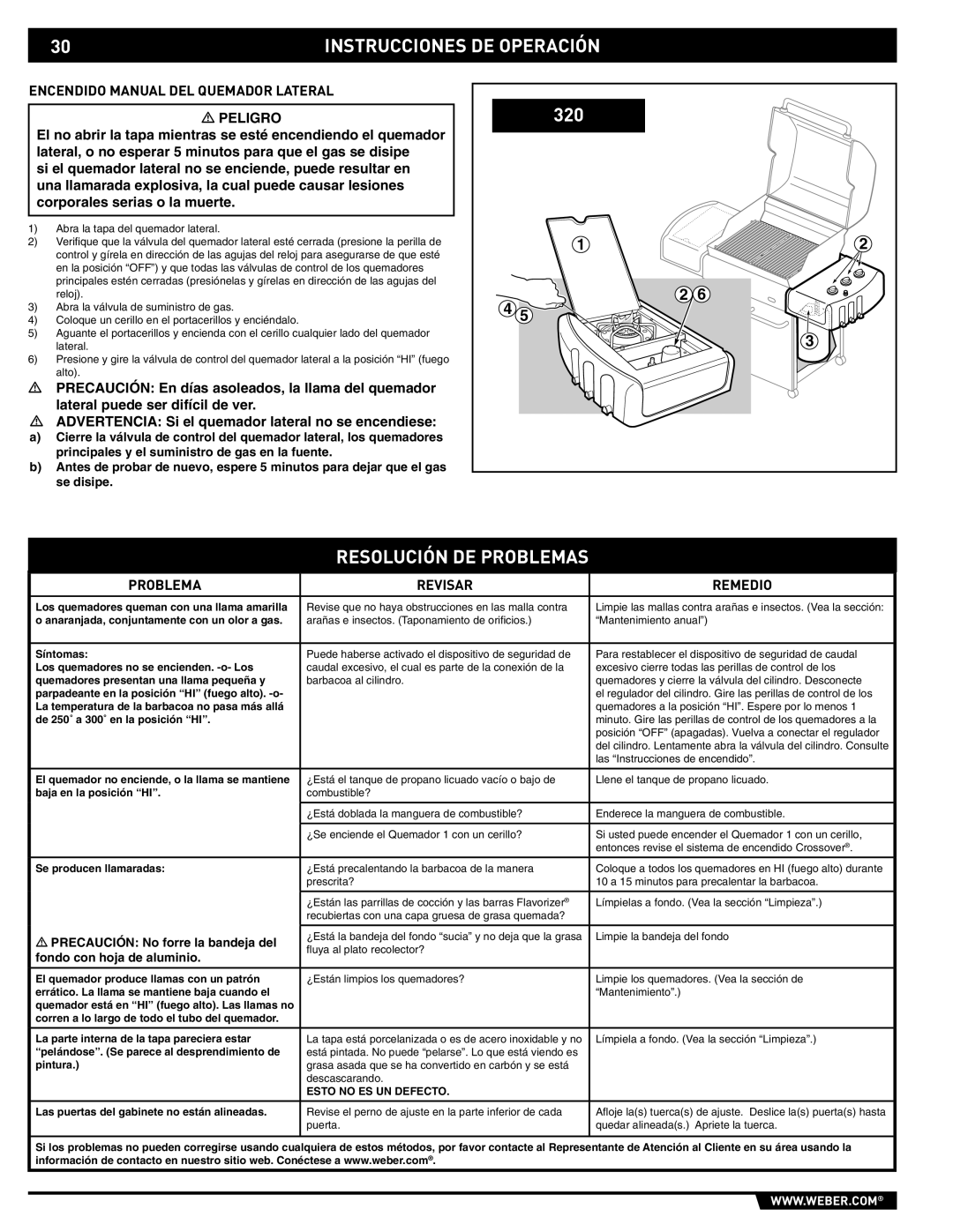 Weber E/S-320 manual Resolución DE Problemas, Encendido Manual DEL Quemador Lateral, Problema Revisar Remedio 